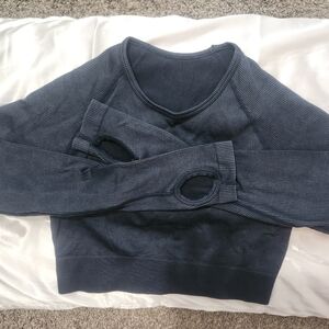 Women's Charcoal Blue Crop  Compression Keyhole For Fingers Top